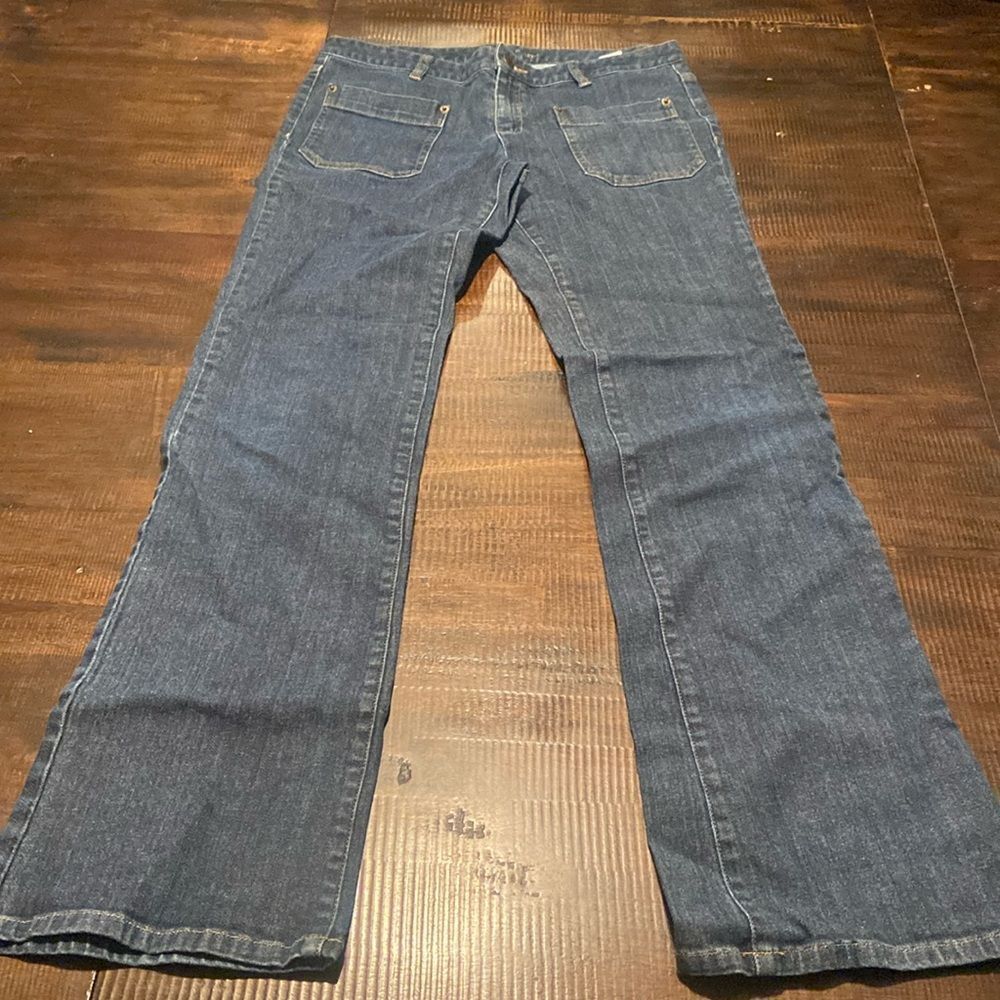 Michael Kors Blue Jeans Sz 6 Boot Cut MK Big Gold Emblem Back Pocket